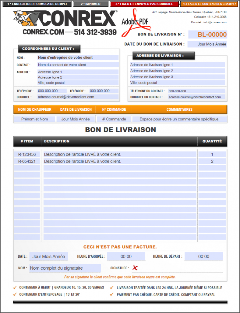 FORMULAIRE BON DE LIVRAISON CONREX FORMULAIRE PDF DYNAMIQUE REMPLISSABLE