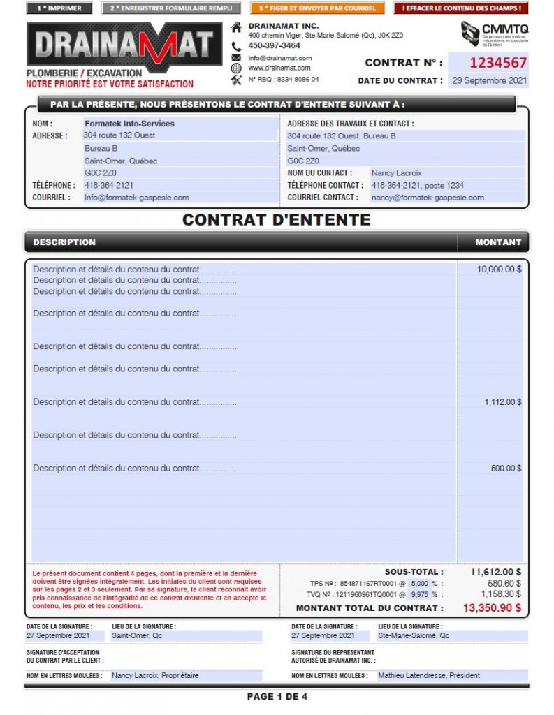 CONTRAT D'ENTENTE - FORMULAIRE PDF DYNAMIQUE - DRAINAMAT INC - Page_1