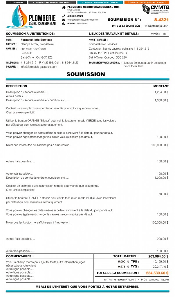 SOUMISSION - FORMULAIRE - PDF DYNAMIQUE - 8.5 X 14 - PLOMBERIE CÉDRIC CHARBONNEAU
