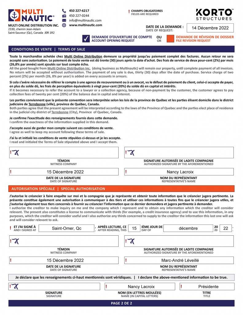 OUVERTURE DE COMPTE - BILINGUE - FORMULAIRE PDF DYNAMIQUE - MULTI NAUTIC - PAGE 2