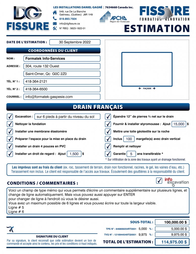 FONDATION - ESTIMATION - DRAINS FRANÇAIS - PDF DYNAMIQUE INTERACTIF - IMPRIMÉ